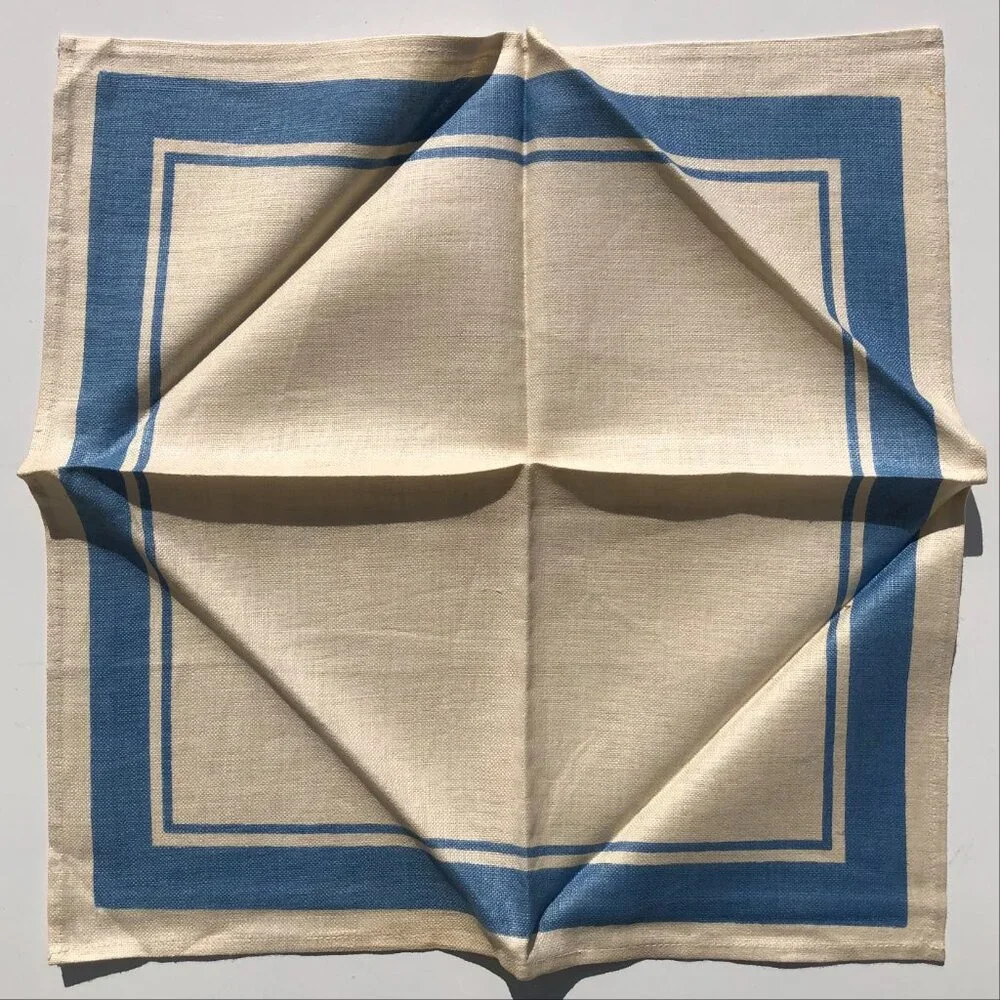 vintage Linen Napkins Cream with Blue Border 1950's set of 4 AS IS with stains